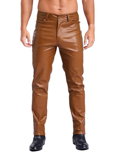 JEATHA Hommes Pantalon Faux Cuir Pantalon Wetlook Slim Fit Extensible Tenue Festival Carnaval Disco Clubwear S-5XL Marron M