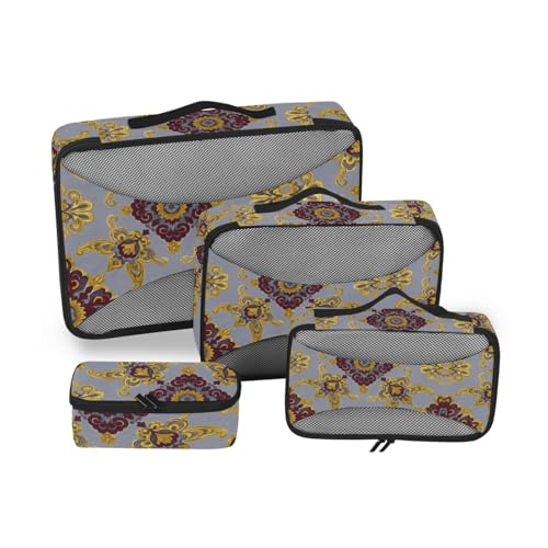 Bohemia Retro Fashion Flower Paisley Red Gold 4 Pcs set travel luggage organizer Mesh Travel Essentials portable packing cubes for diaper