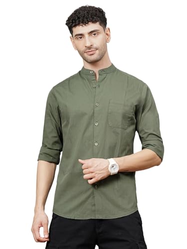 Image of THE INDIAN GARAGE CO Men Regular Fit Solid Full Sleeves Mandarin Collar Casual Shirt