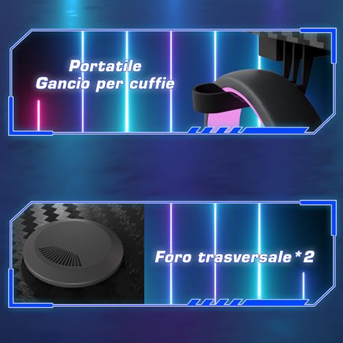 Homall 120 x 60 cm Scrivania Gaming Ergonomica, Tavolo con Piano del Tavolo in Fibra di Carbonio, Tavolo Gaming con Ganci per Cuffie, Nero - 7