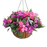 Mynse Flo Set of Hanging Basket Artificial Impatiens Flowers Purple and Pink for Balcony Decoration