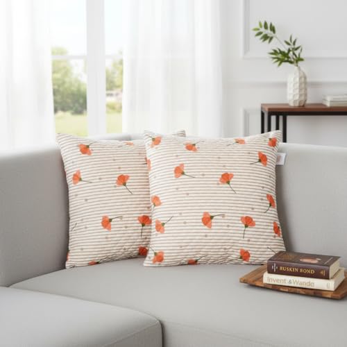 Image of STITCHNEST 'QuadraNest' Series Printed Quilted Velvet Cushion Cover 16x16 Inch Set of 2 | Premium Soft Fabric, Washable & Fade Resistant | Decorative Living Room Cushion Covers | Orange Floral