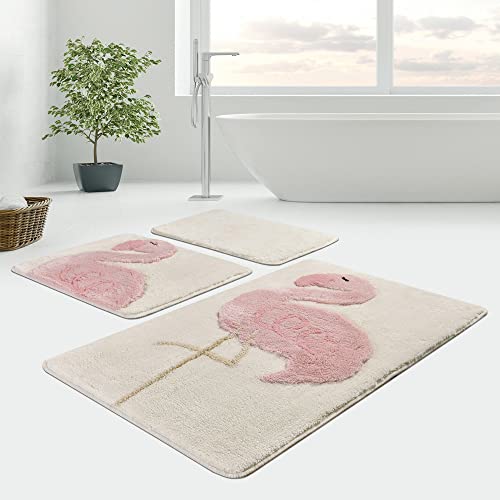 Miqna Juego de 3 alfombrillas de baño con diseño de flamencos, de acrílico, antideslizantes y lavables, color rosa (60 x 100 cm - 50 x 60 cm - 50 x 60 cm) Cover