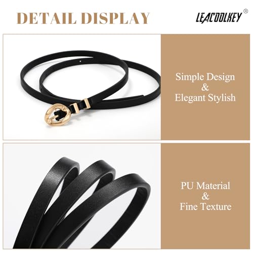 LEACOOLKEY Women Skinny Belts 0.39 Inch Wide 2 Pack Thin Leather Belts for Dresses Jeans Cardigans 5