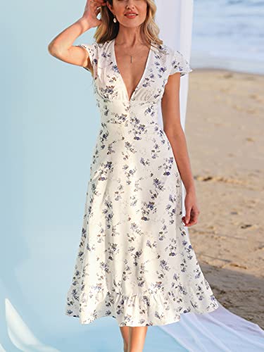 Cupshe X Madison Women's V Neck Ruffle Cap Sleeve Long Dress Floral Print Formal Dress Button Front Flounce Hem Long Maxi Dress #TOP3