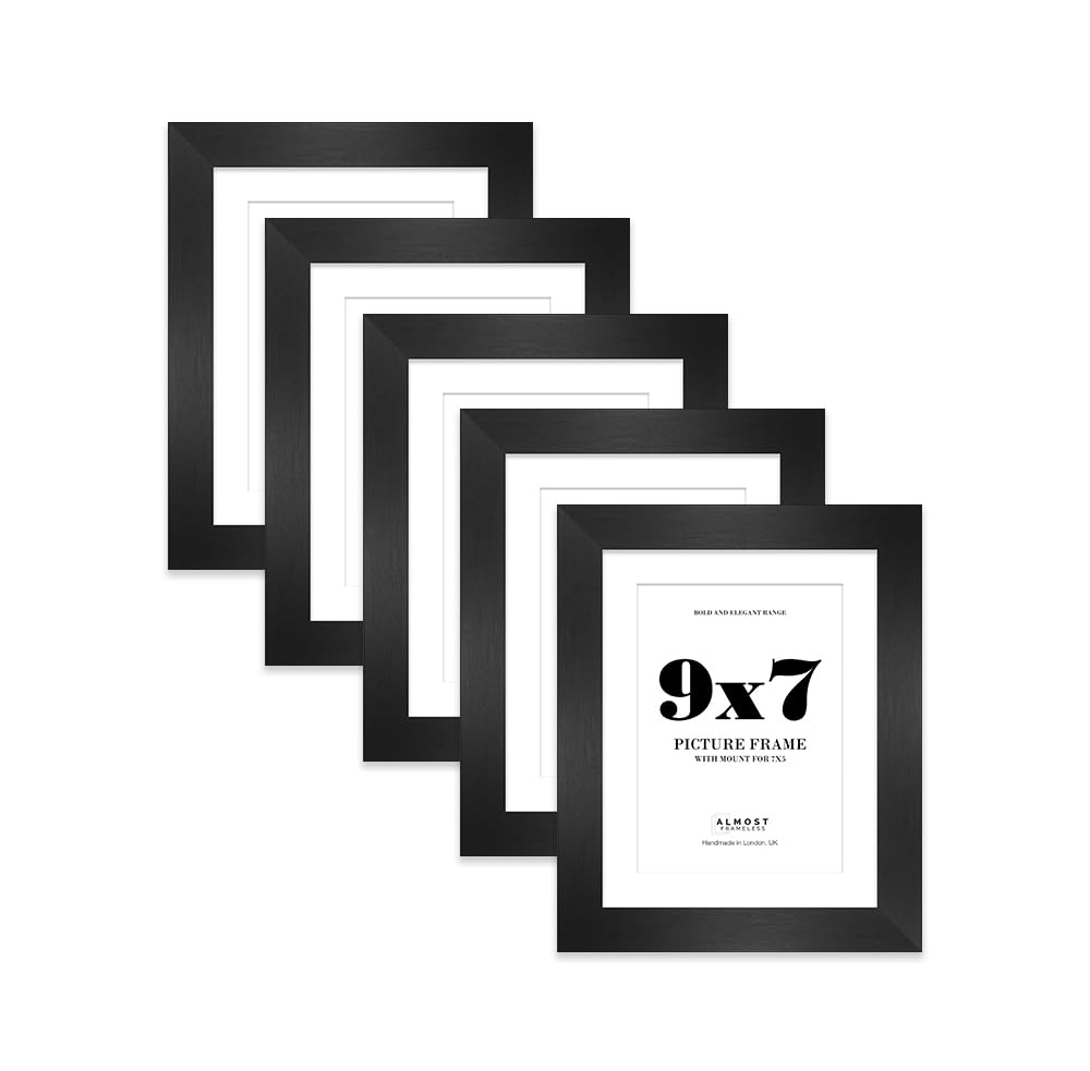 9x7 Black Frame With Mount for 7x5 Pictures 28mm Edge Portrait and Landscape Display with Wall Hooks and Kickstand, 5 Pack
