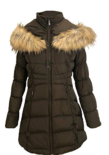 Laundry by Shelli Segal Faux Fur Trim Hooded Puffer 3/4 Quilted Coat Taupe (M)