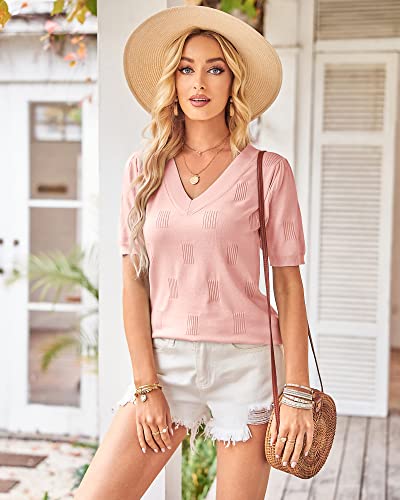 Image of Arach&Cloz Women's Lightweight Spring Summer Sweater Tops Casual Short Sleeve Blouses Shirts