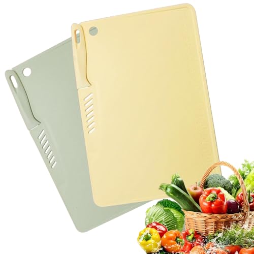 HSYTEK 2 Schneidebrett mit Messer, Kunststoff Cutting Board für Küche, 29 x 19 cm 2 in 1 Schneidebretter mit Aufhängeloch Gemüse, Obst, Fleisch, Grün und Gelb