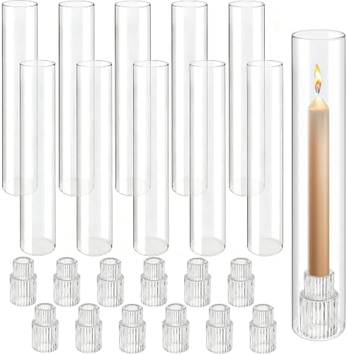12 Set Hurricane Glass Candle Holders, 12.6 Inch Clear Glass Chimney Candle Holders with Taper Candlestick Bases, Glass Candle Holders for Wedding Centerpieces, Dining Table, Party Home Decor (12)