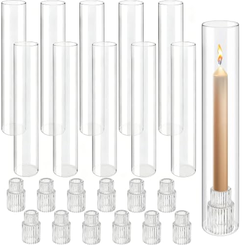 12 Set Hurricane Glass Candle Holders, 12.6 Inch Clear Glass