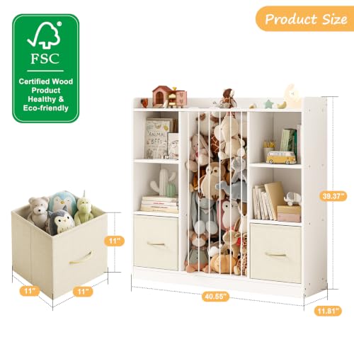 Toy Storage Organizer with Stuffed Animal Storage, Wooden Kids Bookshelf and Toy Shelf, 6-Cube Toy Organizer with 2 Removable Fabric Drawers, Stuffed Animal Zoo for Kids Room, Playroom, Nursery,White - Image 3