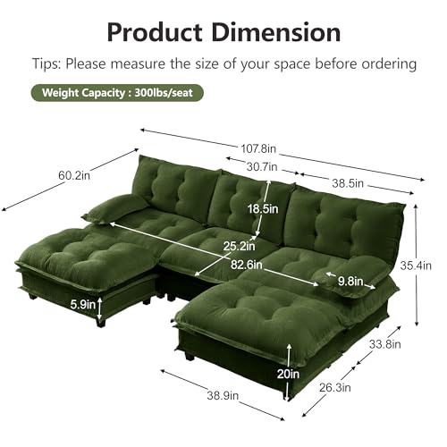 Image of 108 inch Sectional Sleeper Sofa with Ottoman, U Shaped Modular Deep Seat Couches for Living Room Apartment, Flexible Module Combination Cloud Sofa with Spring Support, Easy Assembly, Dark Green