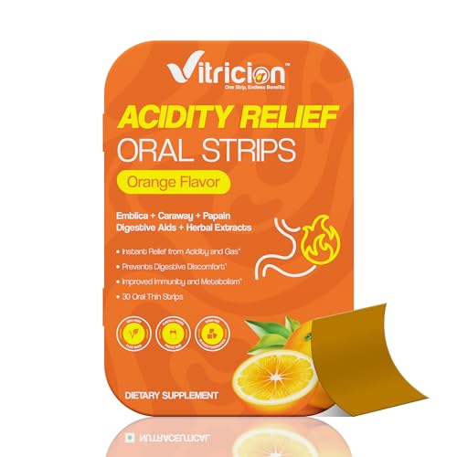Vitricion Acidity Relief Oral Strips – 30 Fast-Dissolving Strips | Antacids for Heartburn, Acid Reflux, Indigestion and Bloating | Vegan, Non-GMO, Dairy-Free and Gluten-Free | Orange Flavour
