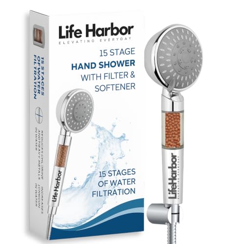 Image of Life Harbor Hand Shower Filter for Hard Water | 15 Stage Purifier | Shower Head Water Softener for Hair Fall, Dry Skin | 2X Active Filtration Media (Hand Shower: 15 Stage + Mineral Balls)