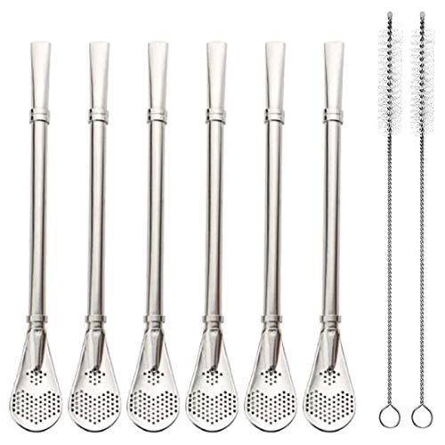 Wzong Pajitas reutilizables de acero inoxidable con cuchara de filtro, 6 unidades, Yerba Mate Tee Bombilla con 2 cepillos de limpieza, 15,5 cm de largo Cover