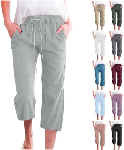 Capri Pants for Women Casual Summer Cotton Linen Capris Drawstring Elastic High Waist Pants Wide Leg Cropped Trouser 2025 New Capri Pants for Women Casual Summer Cotton Linen Capris Drawstring Elastic High Waist Pants Wide Leg Cropped Trouser 2025 New