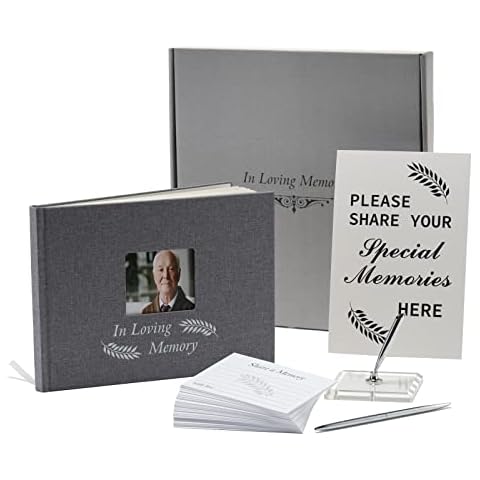 Funeral Guest Book for Memorial Service, Celebration of Life Guest Book, Grey Linen Memory Book with Picture Frame, 100x Share Memory Cards, Table Sign, Silver Ballpoint Pen with Pen Stand, 10.2 X7.6 Cover