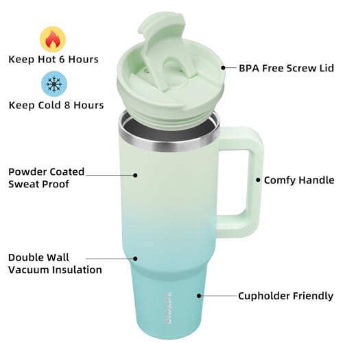 Image of BJPKPK 40 oz Insulated Tumbler With Lid And Straw Stainless Steel Tumblers Cup With Handle For Women And Men,Mint