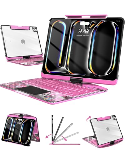Image of Clear Keyboard Case for iPad Pro 13 inch (M5 /M4, 2025 /2024), Transparent Protective Cover with 7-Color Backlit Keyboard, 360 Rotating Stand, Multi-Touch Trackpad and Pencil Holder, Pink