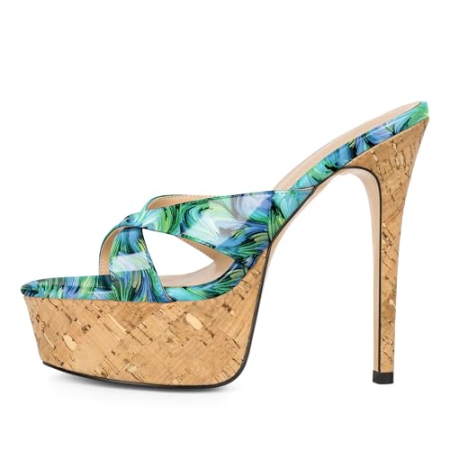 Image of Esvowido Heeled Mules for Women Cork Platform Stiletto Heels Slip on Open Toe High Heeled Sandals Crisscross Slippers Pumps Shoes