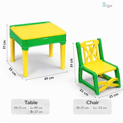 Image of Kids Study Table & Chair Set with Storage Box | Study Table Chair for Kids | Multipurpose Activity Desk for Study, Drawing & Eating | Strong Plastic | Toddler Furniture (Yellow & Green)