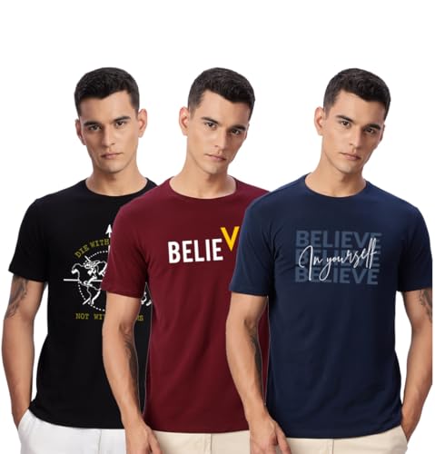 Image of ADRO 100% Cotton Lycra Tshirts for Men Combo Pack of 3 | Regular Fit | Printed T Shirt | Round Neck Half Sleeve| Mens Tshirts