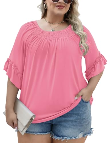 Image of Micoson Womens Plus Size Tops 3 /4 Ruffle Sleeve Crewneck Pleated Shirts