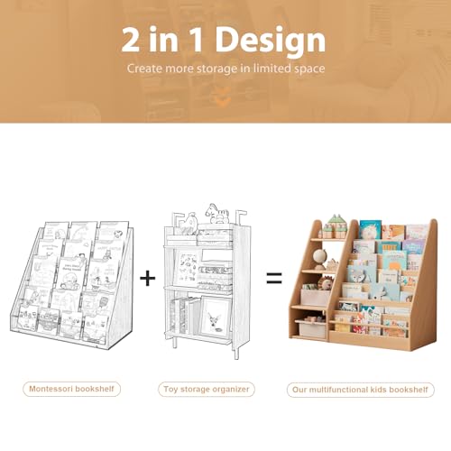 Image of Solid Wood Kids Bookshelf and Storage Organizer, 7 Layer Children Bookcase, Baby Toddler Wooden Book Shelf, Display Cabinet for Playroom, Bedroom, Classroom, Nursery, School, Natural