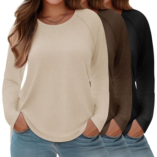 3 Pack Womens Plus Size Shirts Long Sleeve Casual Tops Crew Neck Basic Tee Curved Raglan Sleeves Tunic Fall Outfits