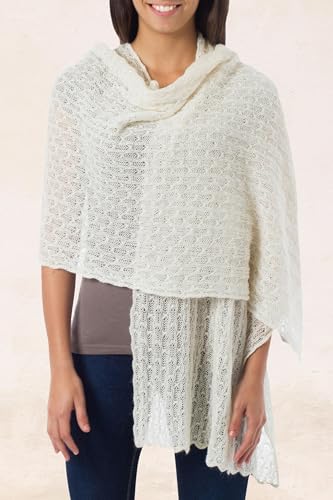 NOVICA Artisan Handmade Alpaca Blend Shawl Pure Wool from Peru White Accessories Solid [75in L x 21.75in W] 'Muse'4