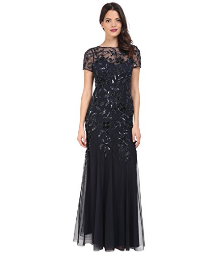 Image of Adrianna Papell Women's Beaded Gown with Godets - Floor Length Gown with Floral Embellishments & Cap Sleeves