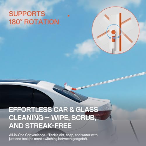 Image of Window Squeegee Cleaner Pole, 2-in-1 Window Cleaning Tool with 50 inch Extendable Pole Bendable Head Window Washing Equipment or Indoor Outdoor Window Glass Door Car Windshield (Cleaner with Pink Cloth)