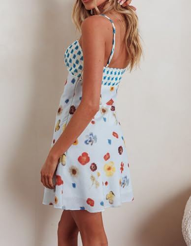 Image of ROAONOCOMO Women Boho Graffiti Cami Mini Dress Spaghetti Strap Printed A Line Short Dress Cute Colorful Sundress