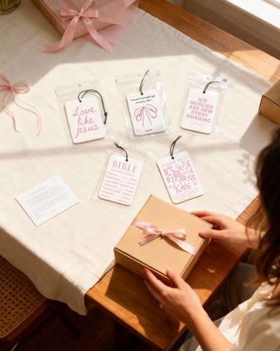 Image of Christian Car Air Freshener Pink Cute Girly Inspirational Coquette 5Pcs Jesus Bible Verses Bow Accessories Car Interior Hanging Scents Mirror Decor Gifts for Women Girls