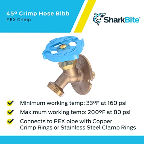 Image of SharkBite 1 /2 x 3 /4 Inch MHT Brass Crimp 45 Degree Hose Bibb, PEX Pipe, PE-RT, UC24632Z
