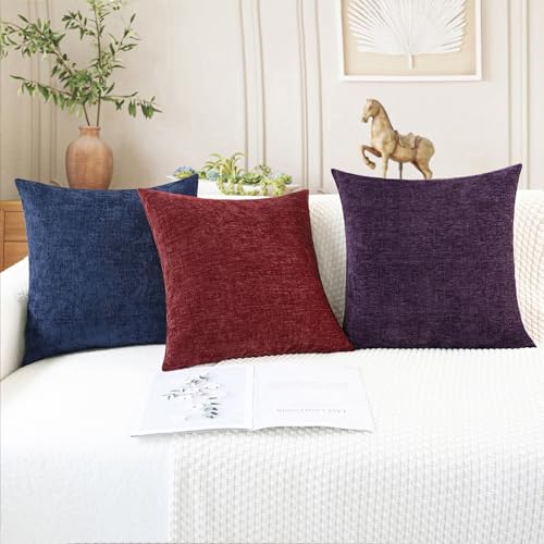 Image of CaliTime Throw Pillow Covers Decorative 24 X 24 Inches Pack of 2 Cozy Chenille Cushion Cases for Couch Sofa Bed Living Room Home Plum Purple