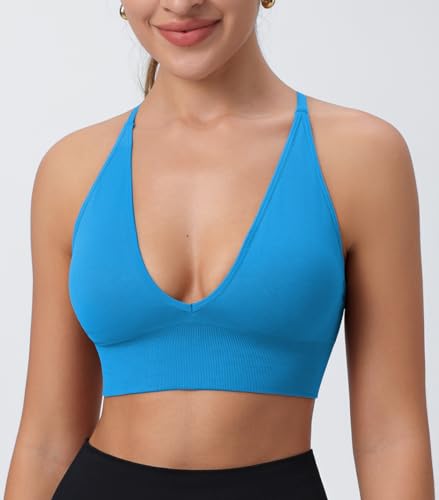 Image of Deep V-Neck Adjustable Women's Sports Bra | Wireless Longline Strappy Criss Cross Padded Spaghetti Straps Light Impact Workout Yoga Crop Top