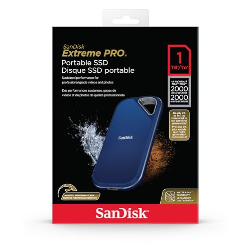 Image of SANDISK Extreme Pro 1TB Portable External SSD, Up to 2000MB /s, USB-C, IP65 Water & Dust Resistant, 3m Drop Protection, Metal Enclosure, PC, Mac & Smartphone Compatible, Royal Blue