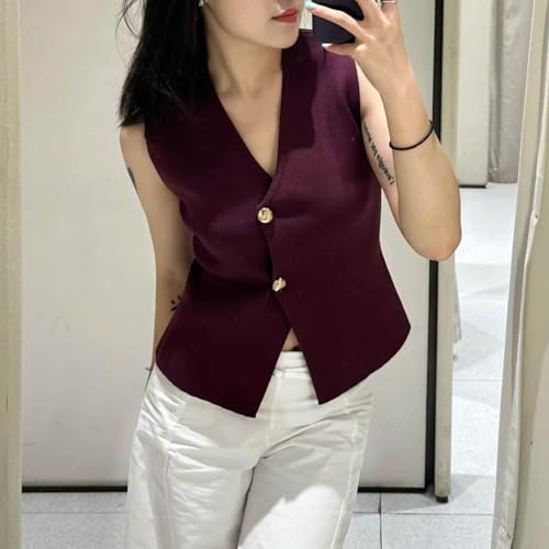 Image of FindThy Women's Cropped Knit Vest V Neck Button Up Solid Color Sleeveless Gilet Tank Tops