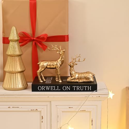 Aomoonoa 2Pcs Resin Reindeer Figurines For Christmas Decor Gold Tabletop Reindeer Statues Small Decorative Deer Figurines For Indoor Christmas Tabletop Mantle Decorations thumb #2