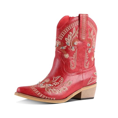 Image of Western Cowboy Boots for Women Rhinestone Cowgirl Boot with Low Block Heel Embroidery Sparkly Short Ankle Booties Walking Bootie for Country Concert Disco Outfits