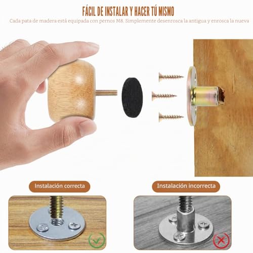 Patas de sofá redondas Muross de madera sólida con 4 tornillos para renovar muebles de 5 cm 4