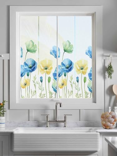 Vinilo para ventana opaco con flores acuarela azul y amarillo 18x40 pulg miniatura 3