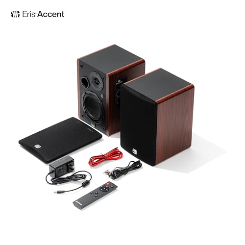 Image of PreSonus Eris Accent Powered Bookshelf Speakers - 50W Wired Stereo Speakers for Record Player, Turntable, Desk & Home, Multiple Inputs, 4 inch Woofer, Studio Monitors, Tweeter, Remote, Sub Out, Wood Grain