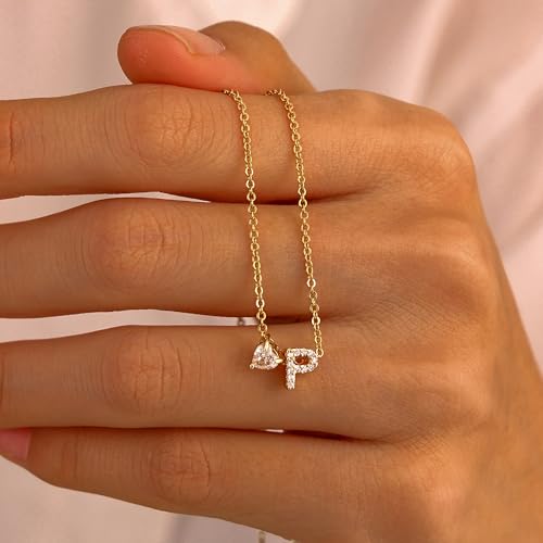Initial Heart Necklaces for Women - Dainty Cute Necklace Small Layered 14K Gold Plated A-Z Letter CZ Pendant Trendy Satellite Chain Necklaces for Women Non Tarnish Gold Jewelry Set Gift