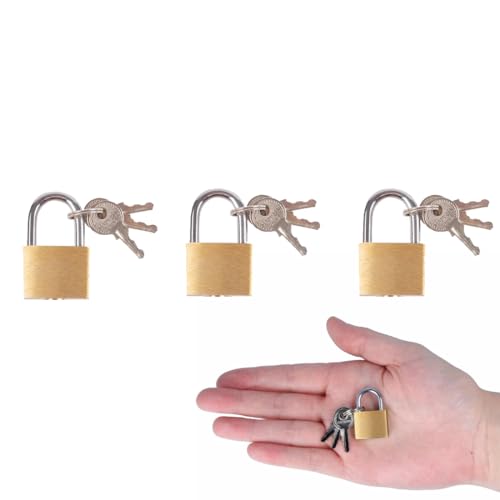 Pack of 3 20mm Solid Brass Padlocks with 9 Keys - Small Locker Padlocks Solid Brass Body Mini Luggage Tool Box Jewellery Box and Cupboard Padlocks