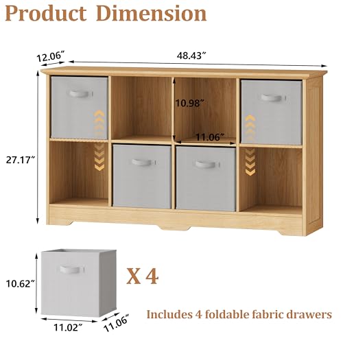Image of 8 Cube Storage Organizer Shelf, Wood Cubby Storage with 4 Fabric Drawers, 2 Tier Wooden Bookshelf with 2 Adjustable Shelves & Fluted Side Panels for Living Room, Home Office, Wood