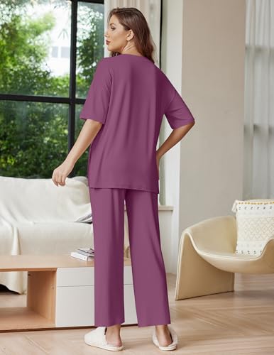 Image of Ekouaer Lounge Sets for Women Short Sleeve Tops and Long Pants Soft Comfy Pajamas Set 2 Piece Outfits