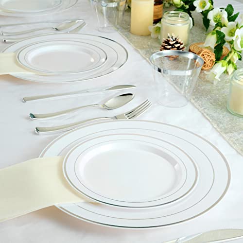 FOCUSLINE 600 Ct Silver Dinnerware Set for 100 Guests - Silver Rimmed Disposable Plastic Plates, Includes 100 Dinner & Salad Plates, Cups, Cutlery Set for Wedding Parties by FOCUSLINE - Image 7